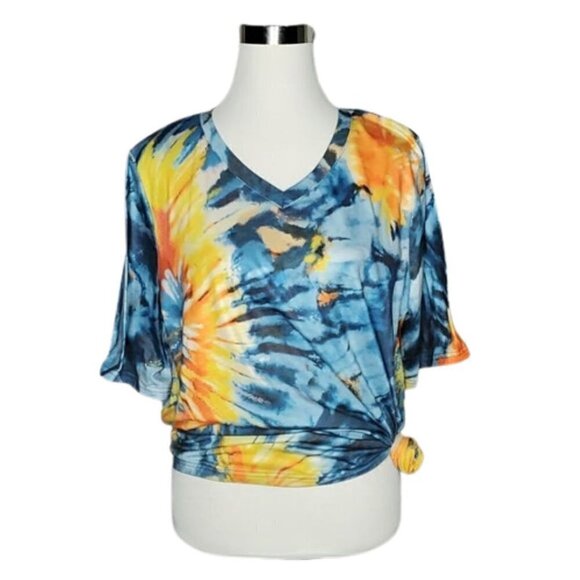 TIE Dye Women's Blue Orange Yellow V-Neck Short Sleeve T-Shirt Top Size Medium - Picture 2 of 10